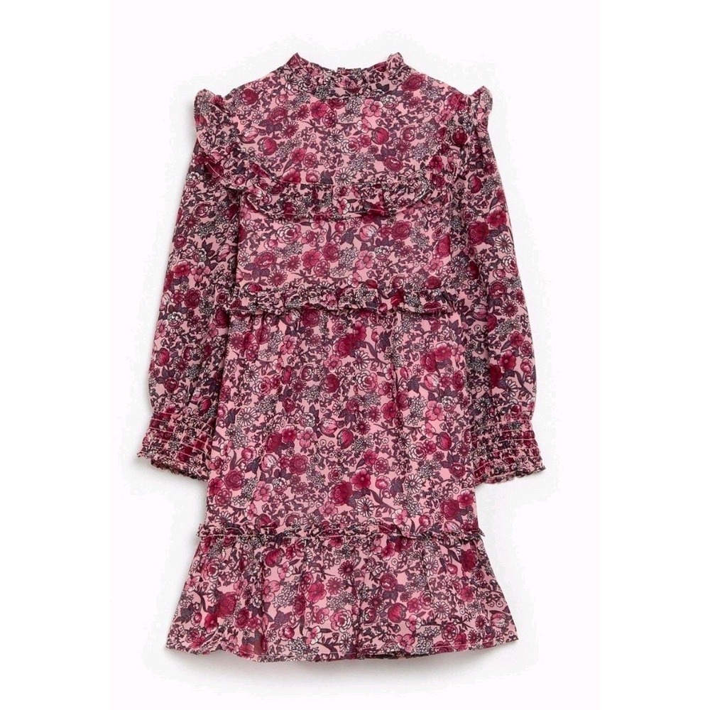 Studio Girls Pink Purple Floral Ruffle Chiffon Dress Long Sleeve Size 6-7 Years